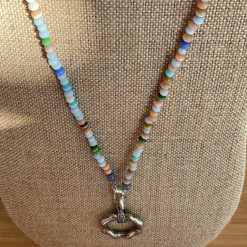 Hand Crafted Eyeglass Necklace Holder Gemstones Blue Beige Green Multi 26 inches